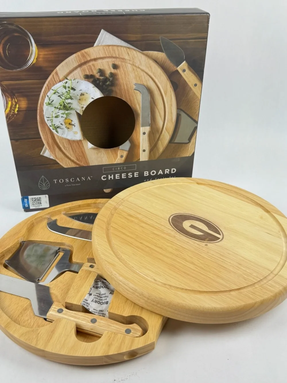 NIB Toscana CIrco UGA Bulldogs 10” Wooden Cheese Board Charcuterie Set w/Tools